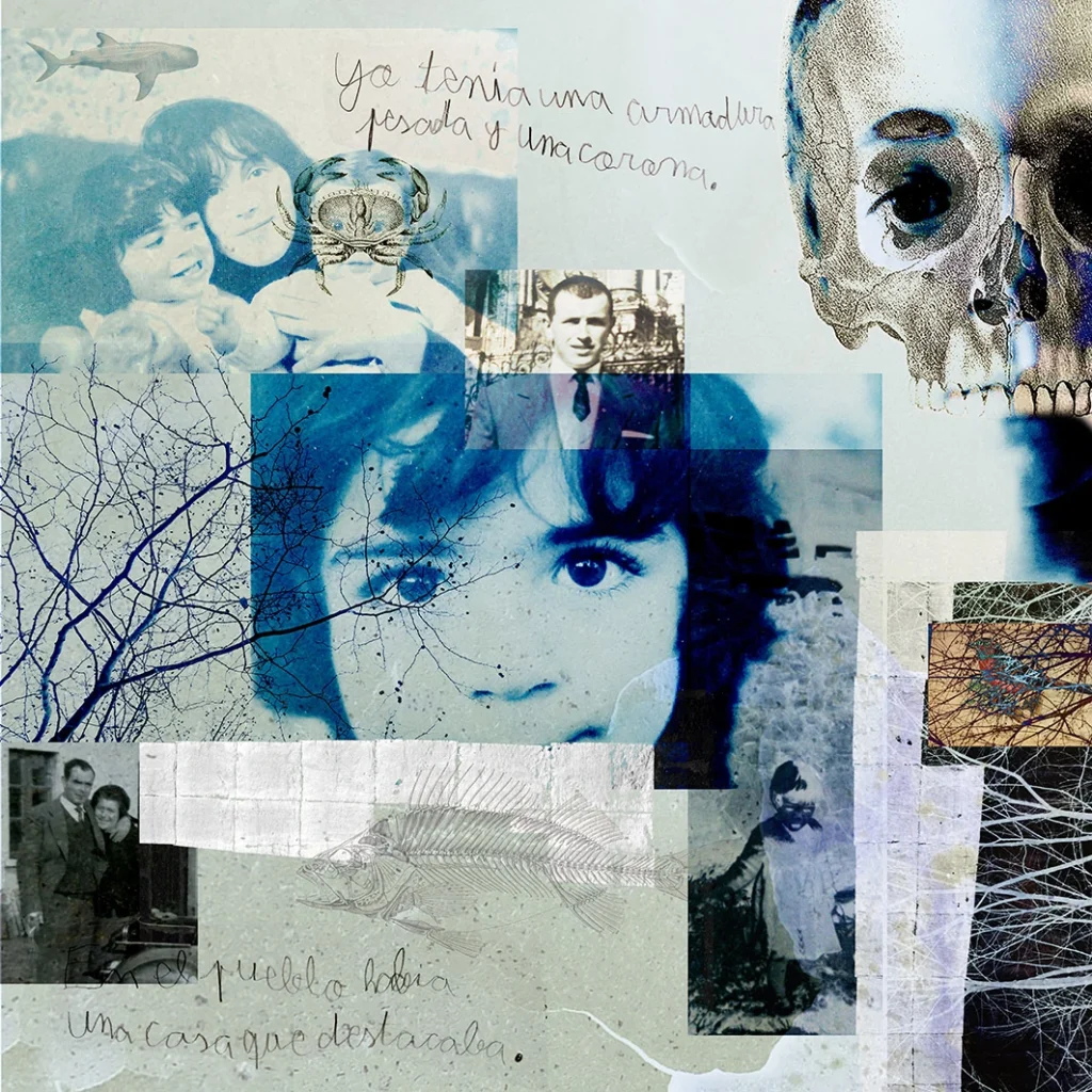 Amalgama: collage de fotos familiares, una calavera y textos manuscritos
