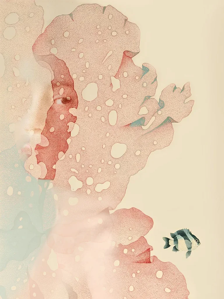 Entre las órdenes dos movimientos de una condición: silueta de perfil en tonos rosas con manchas de agua